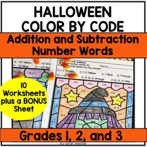 Halloween Math Craft Coloring Pages Add and Subtract Color by Code Worksheets